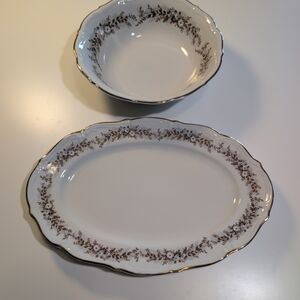 Vtg Walbrzych Poland Porcelain Floral Serving Set Platter & Bowl
